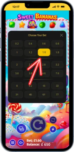 Mobile real money slot games interface with stake selection menu highlighted