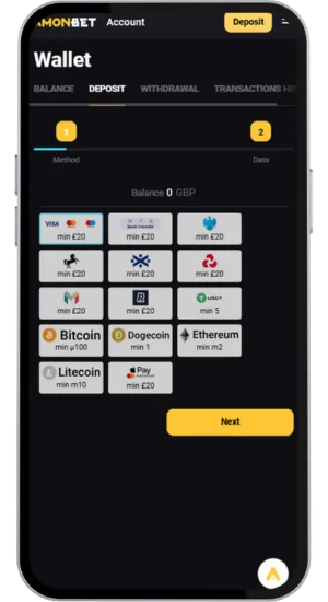 AmonBet currency and limit settings screen