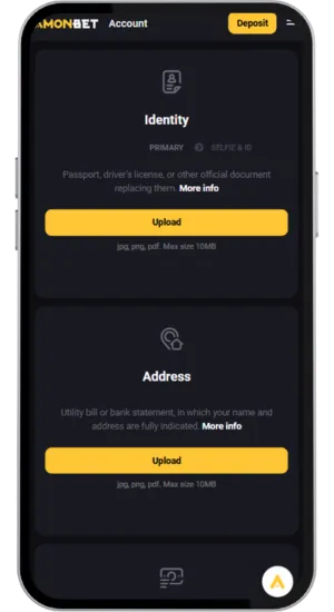 AmonBet identity verification and payment method screen