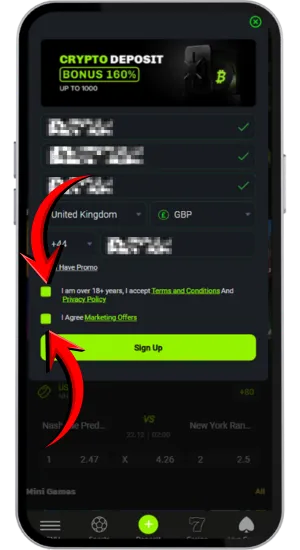 VeloBet terms and confirmation screen