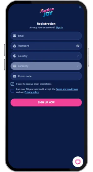 Casino Joy account credentials screen