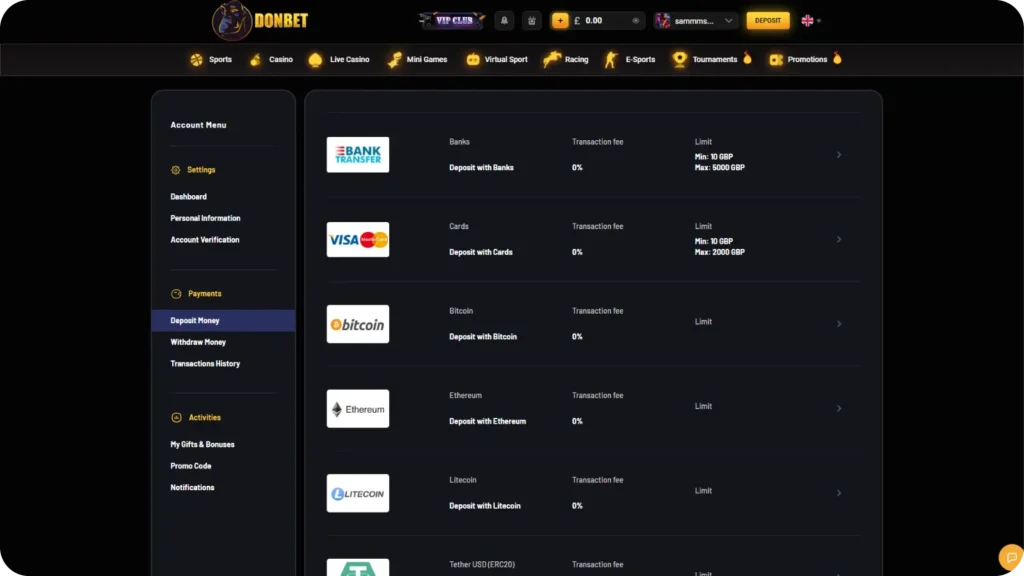 Crypto and fiat payments in casino Donbet