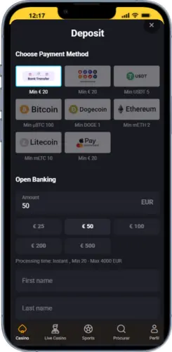 AmonBet deposit screen showing payment methods