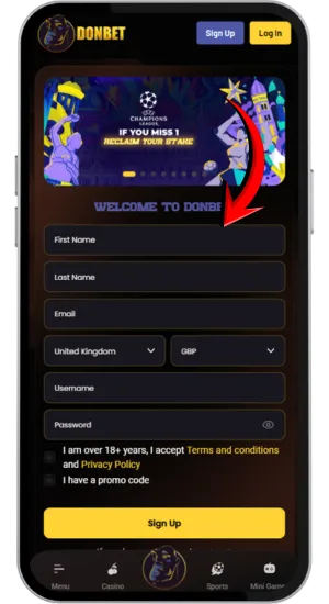 Donbet email and password fields