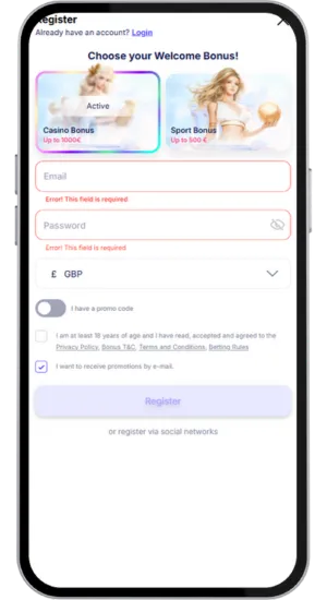 Fortunica form fields for email, password and currency