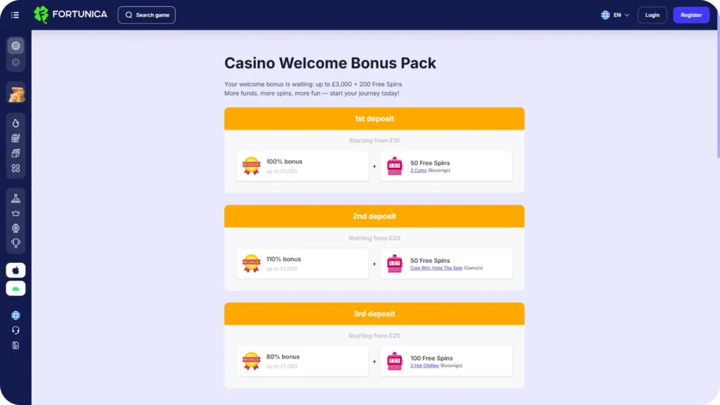 Fortunica welcome bonus pack