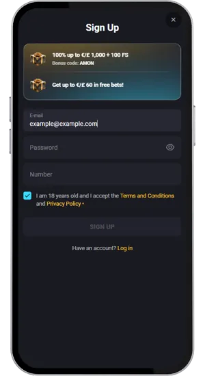 AmonBet registration form on desktop