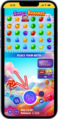 Sweet Bananas online slot game real money on mobile with Spin button highlighted