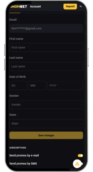 AmonBet personal details fields