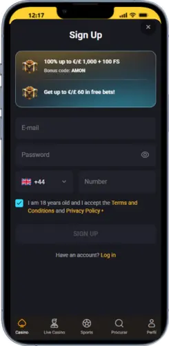 AmonBet registration form on mobile