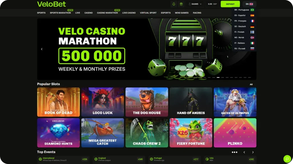 VeloBet casino language menu