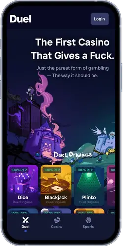 Duel Casino mobile app interface showing the slogan "The First Casino That Gives a Fuck" and game categories