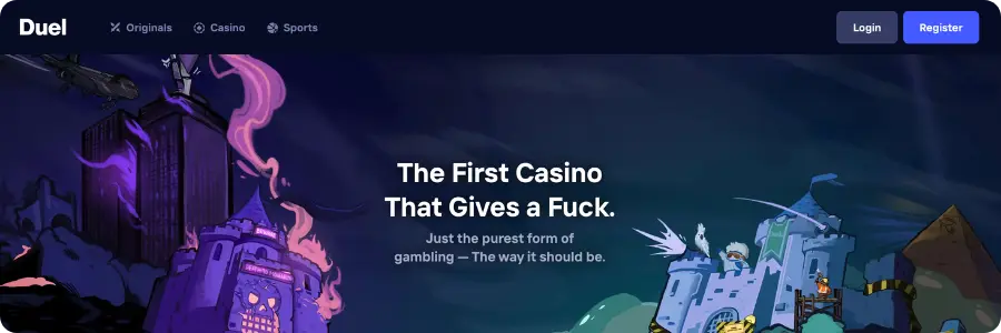 Duel Casino homepage with cartoon castle background and slogan "The First Casino That Gives a Fuck"