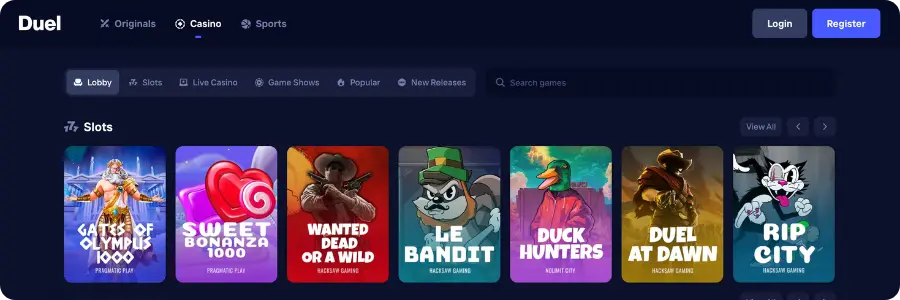 Duel Casino slots section displaying popular games like Gates of Olympus, Sweet Bonanza, and Duck Hunters
