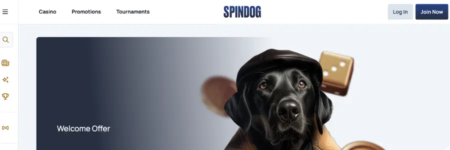 SpinDog Casino UK homepage with black dog mascot and welcome offer