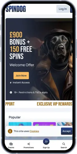 SpinDog mobile app screenshot showing £900 bonus + 150 free spins welcome offer